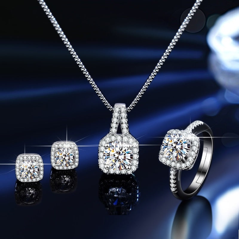 S925 Sterling Silver 5A Zircon Jewelry Set, ring necklace earrings